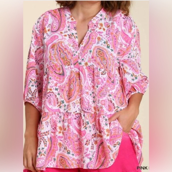 Umgee Tops - Umgee Sz Large Paisley Print V-Notch Neckline Plus Top